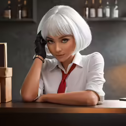 a woman in a white shirt with a tie and a red tie