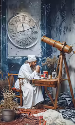 a man sitting at a table in front of a clock