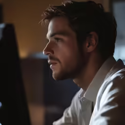 a man with dark hair looking at a monitor screen
