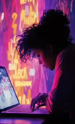 there is a woman looking at the screen of a laptop computer