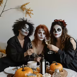 three women pose with makeup as they drink wine