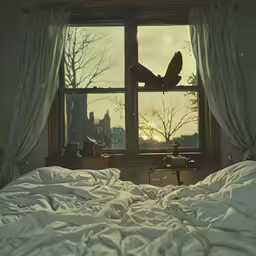 the view from a bedroom window over a large bed