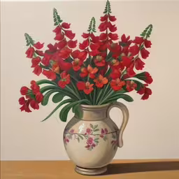 /tmp/FOOB89sHl.jpg = a painting of red flowers in a vase
,/tmp/FOOB89sHl.jpg = a painting of flowers in a white pitcher
,/tmp/FOOB89sHl.jpg = a painting of some red flowers in a vase
,/tmp/FOOB89sHl.jpg = a painting of flowers in a vase on a table
,/tmp/FOOB89sHl.jpg = a vase with some flowers inside of it
,/tmp/FOOB89sHl.jpg = red flowers are in a large vase on a table
,/tmp/FOOB89sHl.jpg = an oil painting of red flowers in a pitcher
