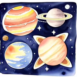 watercolor on paper with a solar system and some planets,a cartoon illustration of a solar system and its planets