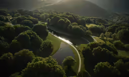 a view from the sky of a park with an oval lake and trees