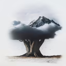 an unusual tree on a desert island in front of a snow covered mountain