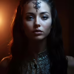 a girl wearing a chain has tattoos on her head
