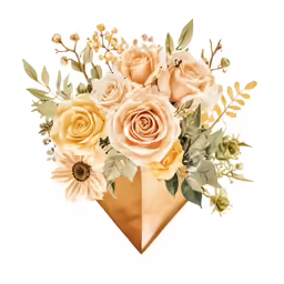 the floral arrangement in the paper vase is placed on a gold plinted object