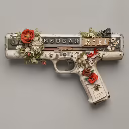 a rifle decorated with flowers and letters