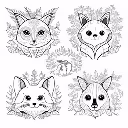 four different fox faces with leaves and plants around them