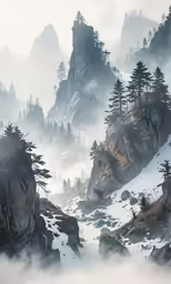 snowy mountain landscape with evergreens and mist