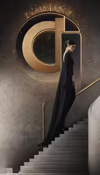 a woman walking down a flight of steps in front of a gold d logo