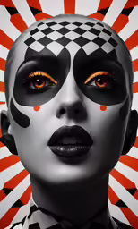 an woman is dressed as a skull with orange eyes
