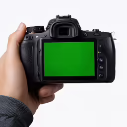 a hand holding up a camera with a green screen