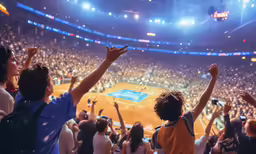 people raising their hands in a large arena