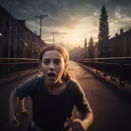 a young woman screaming on a sidewalk as the sun sets