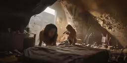 there is a woman sitting in the bed looking at a cat