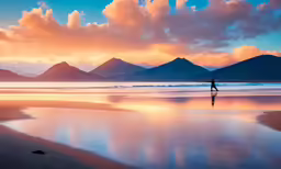 a person on the beach with mountains in the background
