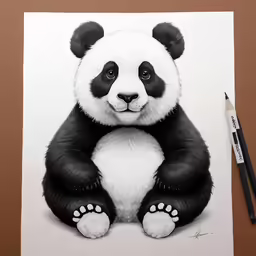 a black and white panda sitting on top of a table