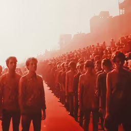 many men stand together in a crowd
