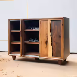 a cabinet with a wood finish on the inside, showing an open door