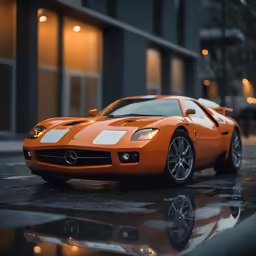 an orange sports car parked in front of a tall building