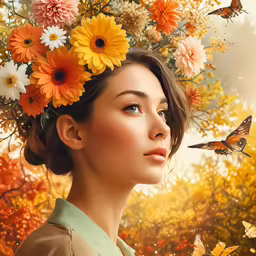 a woman with a butterfly on her head