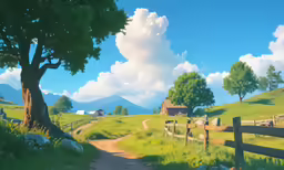 a painting of a green countryside