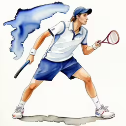 watercolor drawing of a tennis player hitting the ball with his racket,a man with a racket runs to hit the ball,an abstract picture of a man playing tennis,a person is holding a tennis racket on a court,a man dressed in blue and white poses with a tennis racket