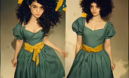 there is a woman wearing a dress with a bow around her belt