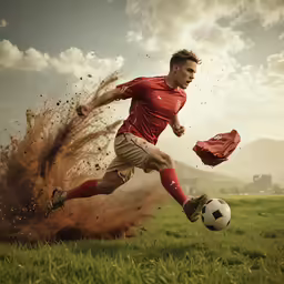 a soccer player kicking a soccer ball on the field