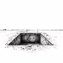 a large open hole with a clock and some barrels