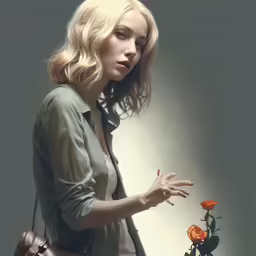 a woman with blonde hair holding a handbag near a flower
