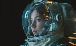 a woman wearing a space suit in front of an astronaut helmet