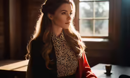 a woman is sitting in front of a window