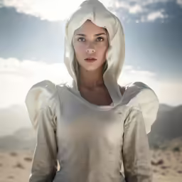 a girl in a white outfit and a sky background