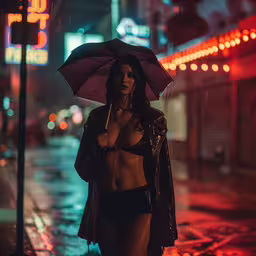 woman in bathing suit walking down a street holding an umbrella,a woman walks down a street holding an umbrella
