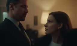 a man in a suit and tie is staring at a woman in a white shirt