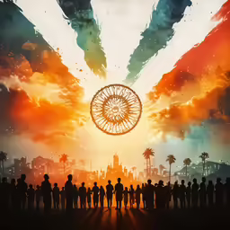 the silhouettes of people stand around a huge poster