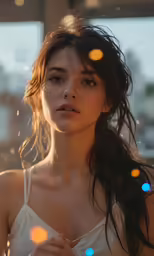 a woman with long brown hair and brown eyes is wearing white bra top