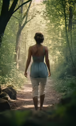 woman with backpack walking down a path through woods