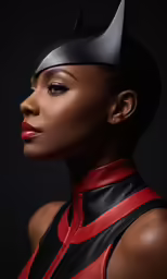 a young woman wearing a black and red cat costume