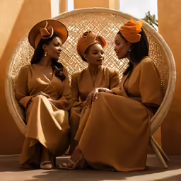 three women in orange robes sitting on a woven chair