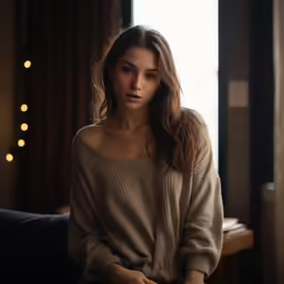 a woman with brown hair sitting on a couch