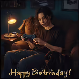 a person sitting down holding something on a dark background