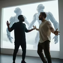 one man shakes the other hand in front of a window