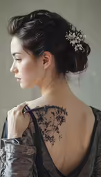 a woman with flowers on her back is standing