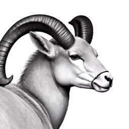 a horned animal with curved horns and white hair