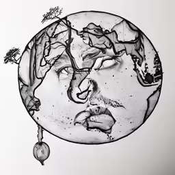 a drawing of a human face inside of the moon