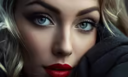a blond haired lady wearing bright red lips and looking up with her eyes closed